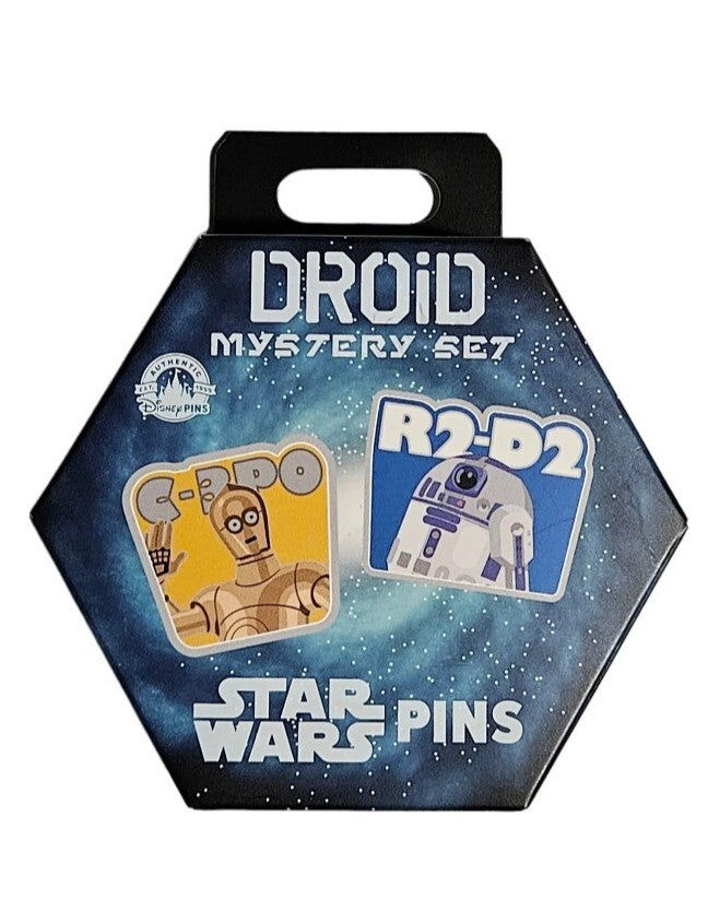 Star Wars Droid Mystery Set packaging with C-3PO and R2-D2 pins on a white background