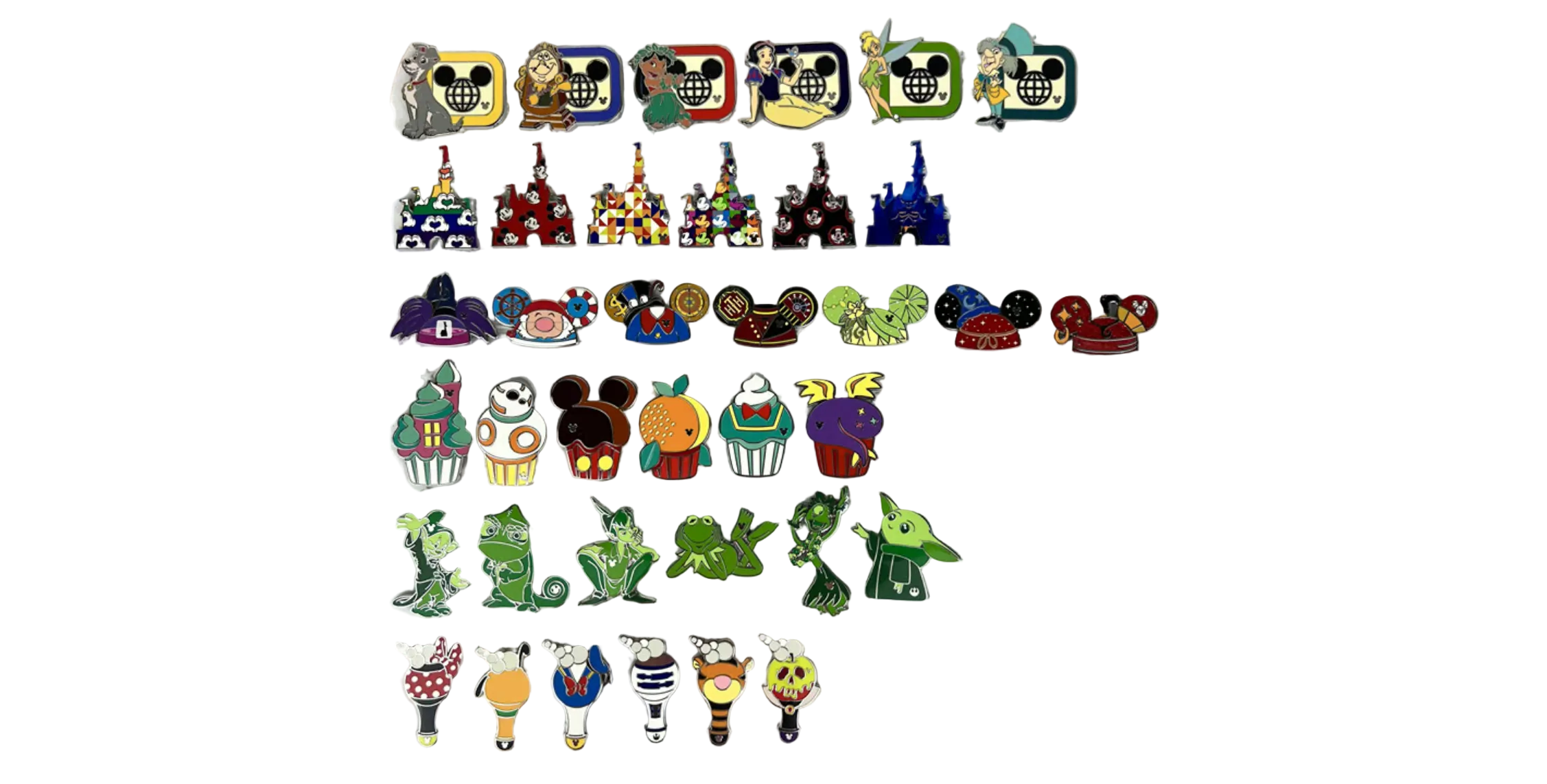 Collection of various Disney pins on a display board.