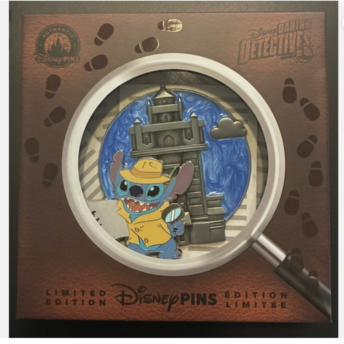 Disney pin featuring Stitch with a magnifying glass and detective hat, framed by a wooden border with 'Disney Pins' branding.