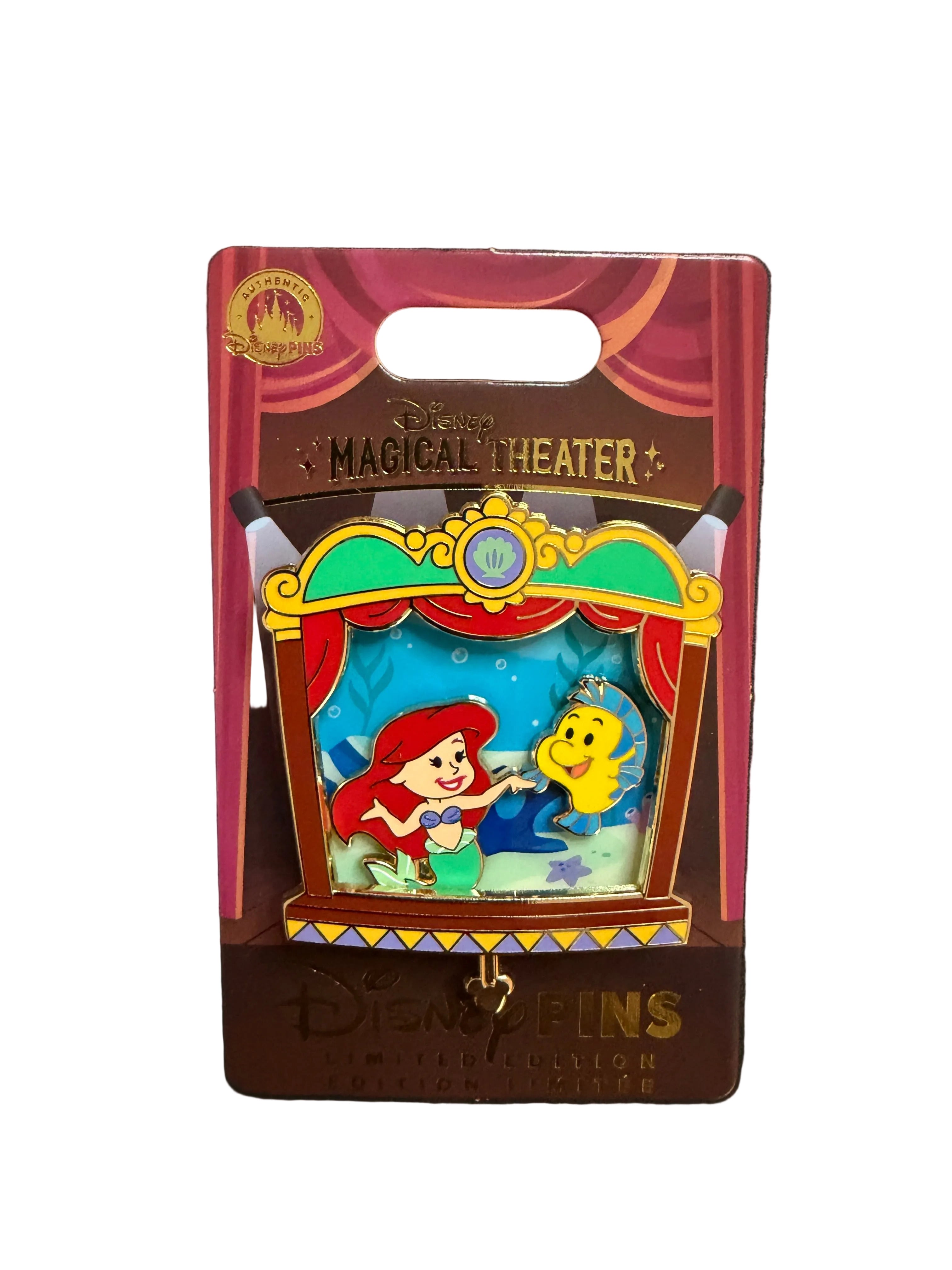 Disney Magical Theater Ariel and Flounder collectible enamel pin on its original display card, photographed against a white background.