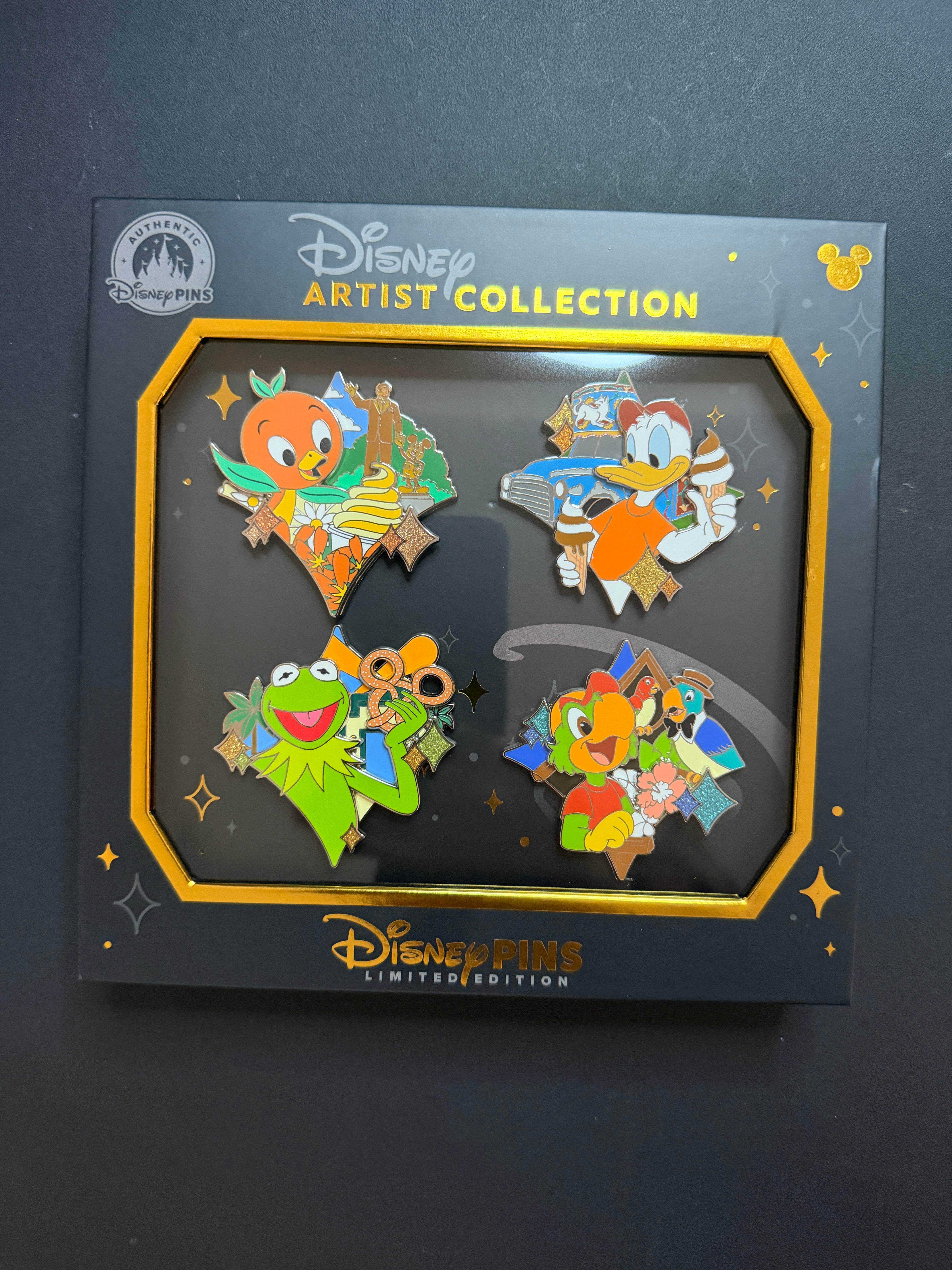 Disney Artist Collection Boxed Pin Set – Donald, Orange Bird, Kermit & Jose Carioca