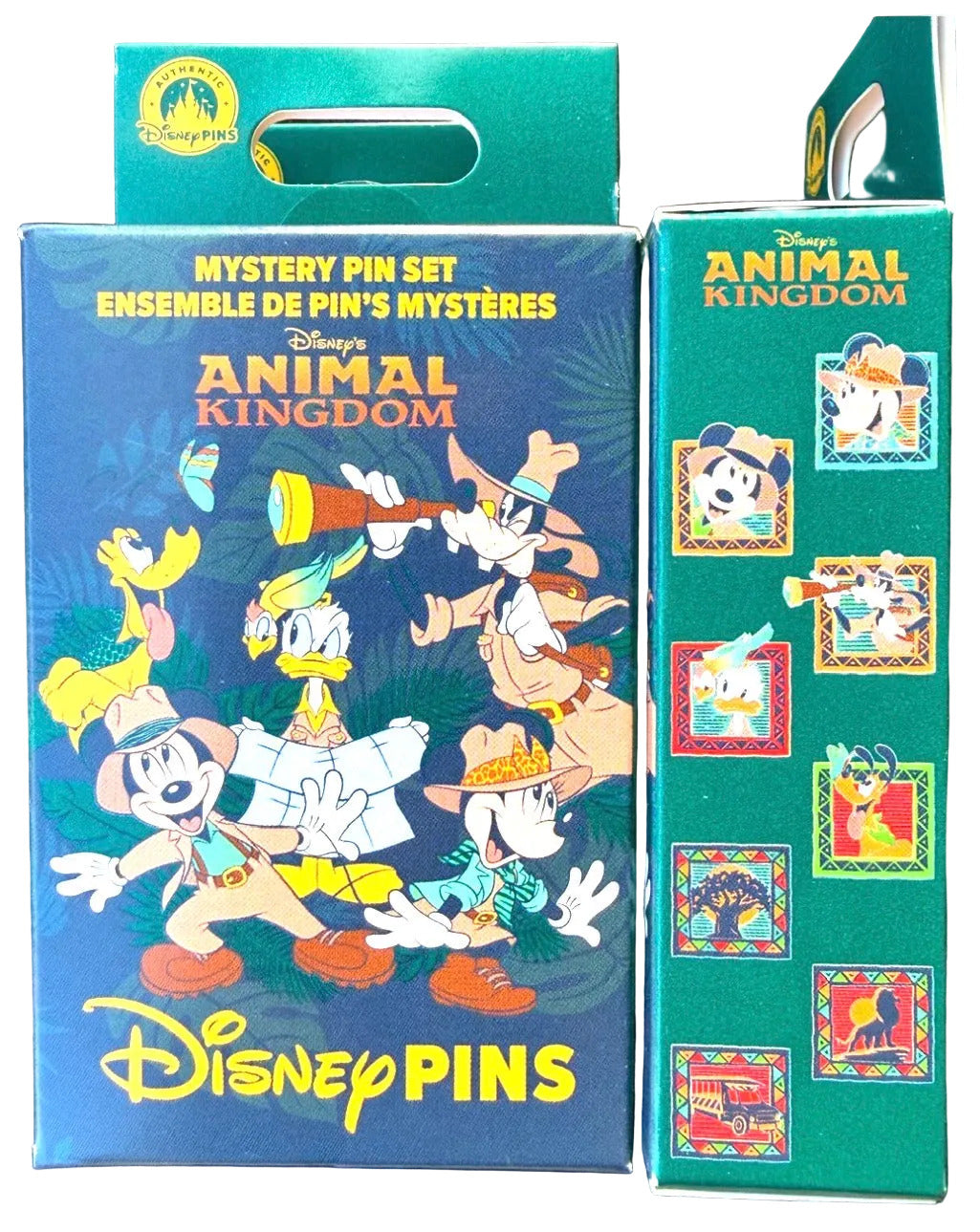 Disney Animal Kingdom Mystery Pin Set packaging showing the front and side of the box, with illustrated characters and pin thumbnails on a dark background.