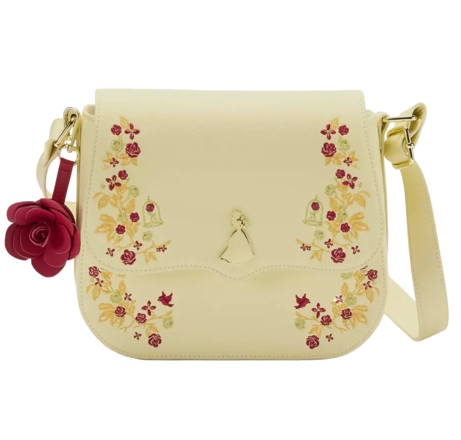 Beige handbag with floral embroidery and a red flower accent on a white background