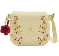 Beige handbag with floral embroidery and a red flower accent on a white background