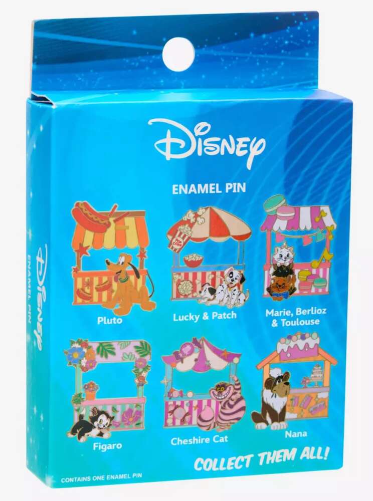 Disney enamel pin set packaging with characters and blue background