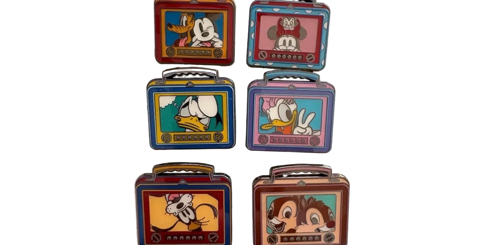 Set of six small rectangular boxes with cartoon character illustrations on a white surface.