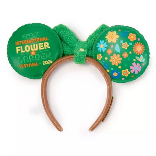 Green floral mouse ears headband with 'EPCOT International Flower & Garden Festival 2026' text on a white background