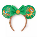 Green mouse ears with a bow and cartoon characters on a white background