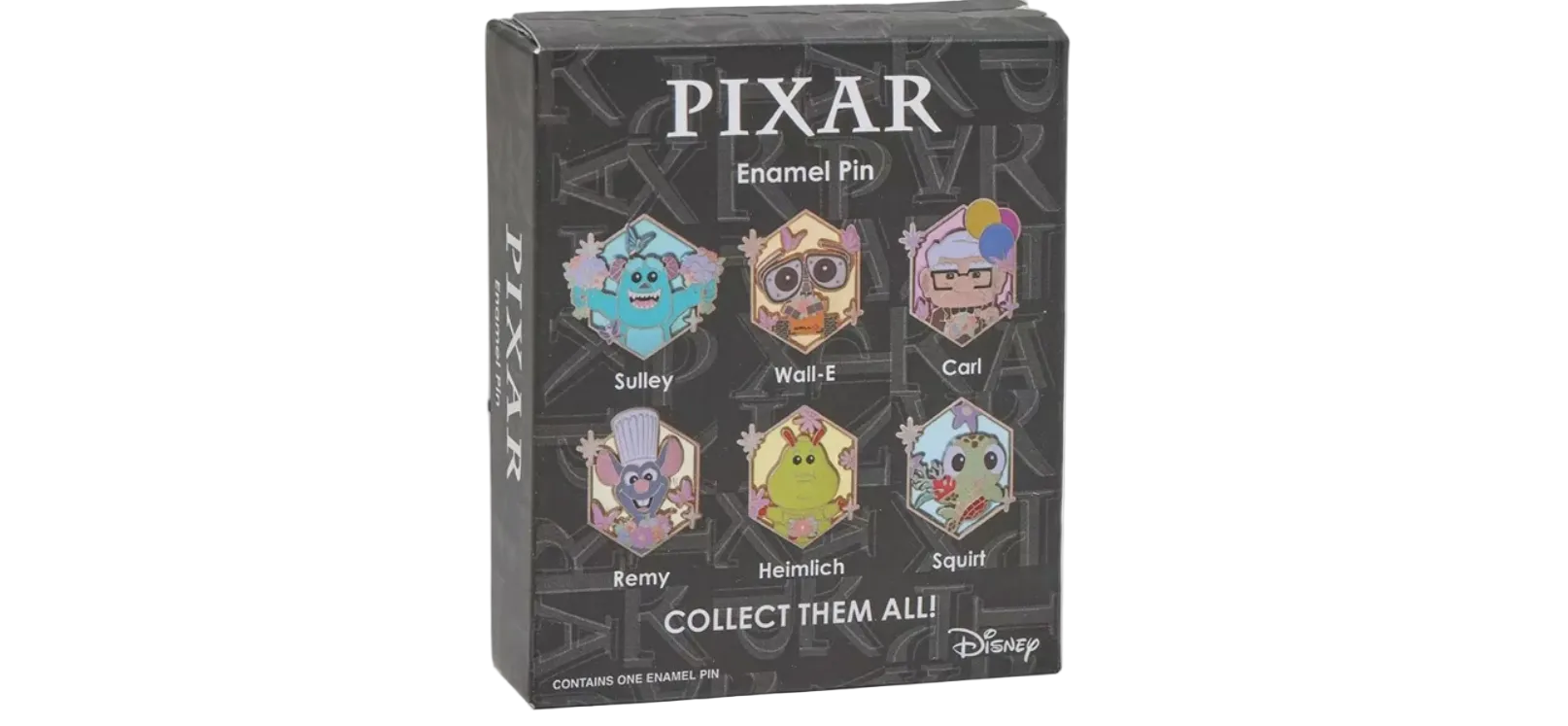 Box of Pixar enamel pins with character illustrations on a white background