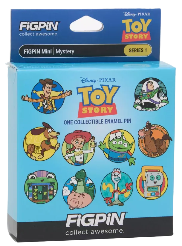 Toy Story collectible enamel pin set packaging with characters on a blue background