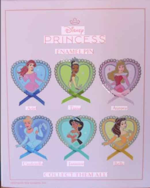 Disney Princess collectible pins with characters in heart shapes on a pink background