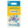 Disneyland Resort 70th Anniversary mystery pin set packaging with colorful designs and text.