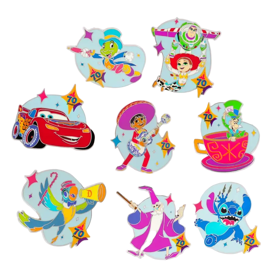Set of colorful character-themed party hats on a white background