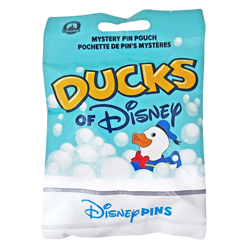 Mystery pin pouch for 'Ducks of Disney' with a cartoon duck character on a blue background.
