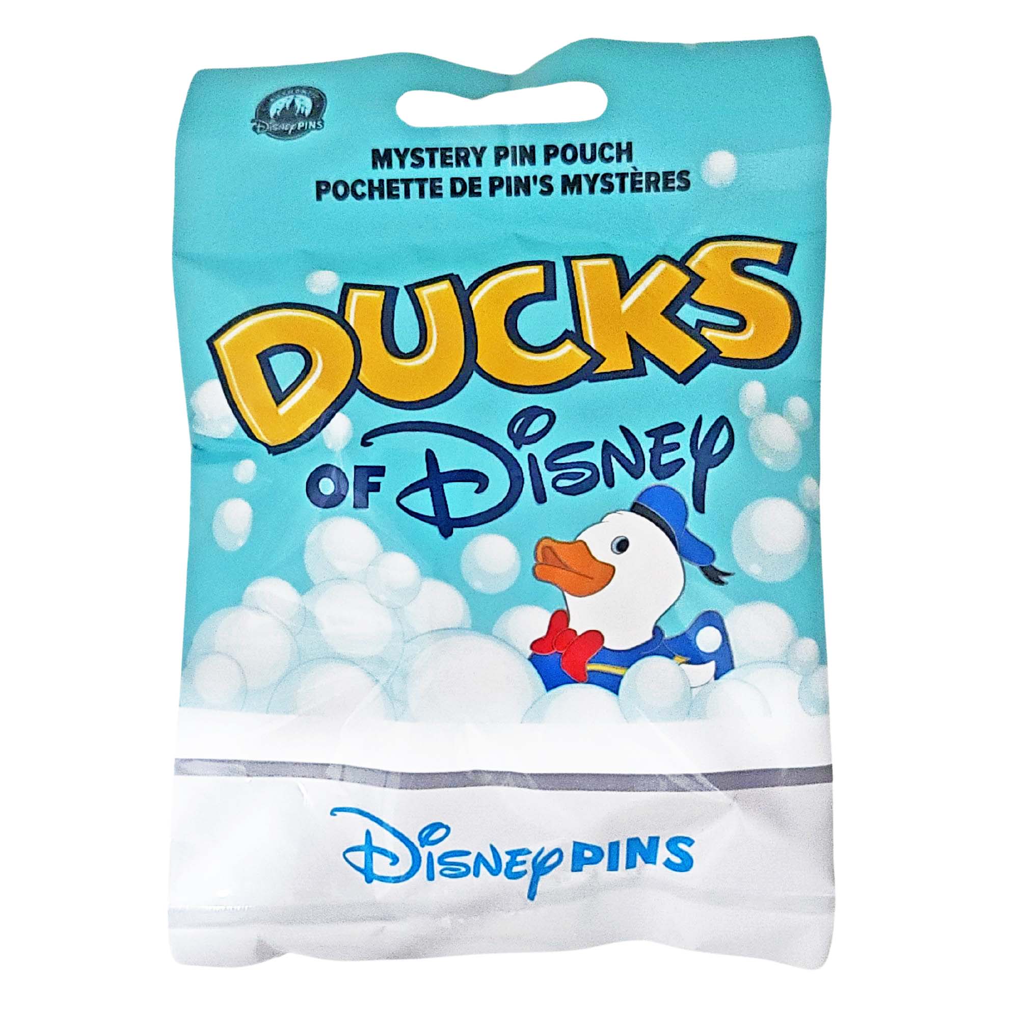Mystery pin pouch for 'Ducks of Disney' with a cartoon duck character on a blue background.