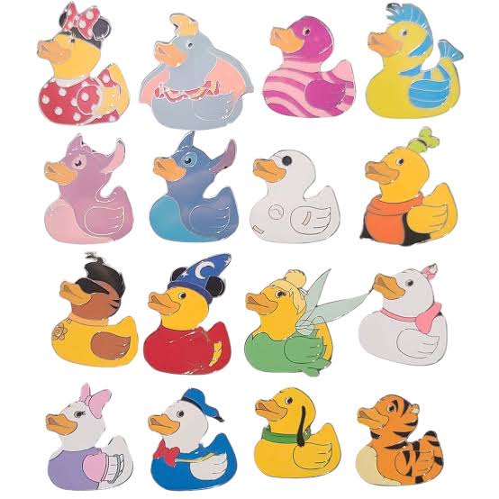Set of colorful rubber duck toys with various designs on a white background
