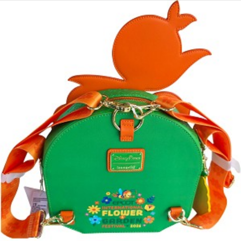 Green bag with orange strap and Disney character design on a white background