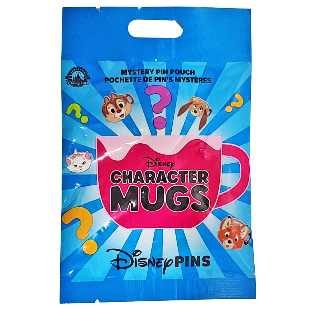Disney character mug mystery pin pouch packaging with colorful design on a blue background