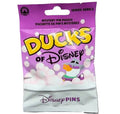 Mystery pin pouch for 'Ducks of Disney' pins with a purple background and cartoon duck illustration.