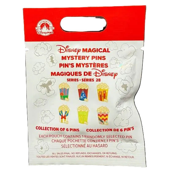 Disney Magical Mystery Pins packaging with red top and white bottom on a dark background