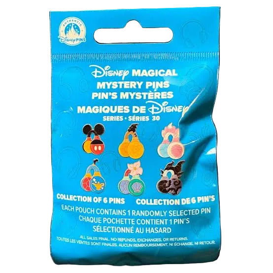 Blue Disney packaging for a collection of mystery pins on a white background