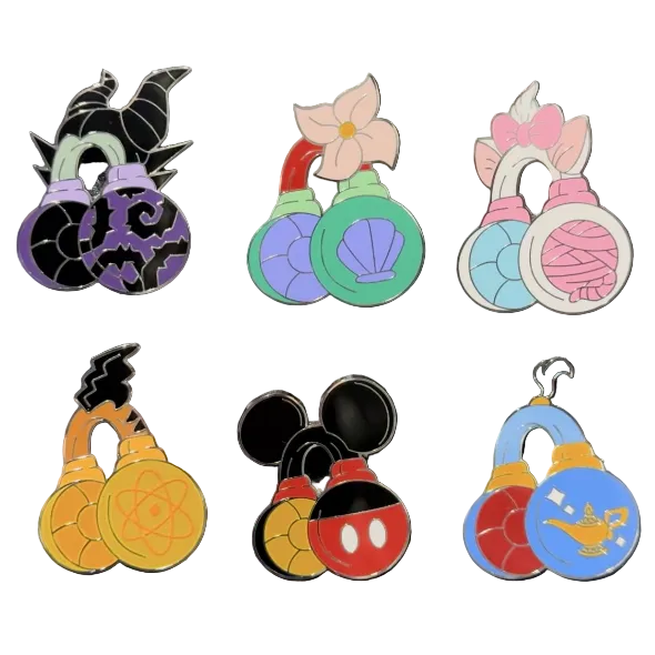 Set of colorful character-themed pins on a white background