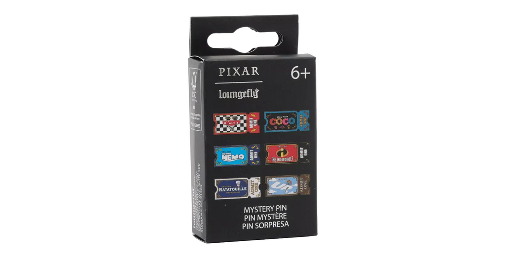 Pixar-themed mystery pin packaging with various logos on a white background