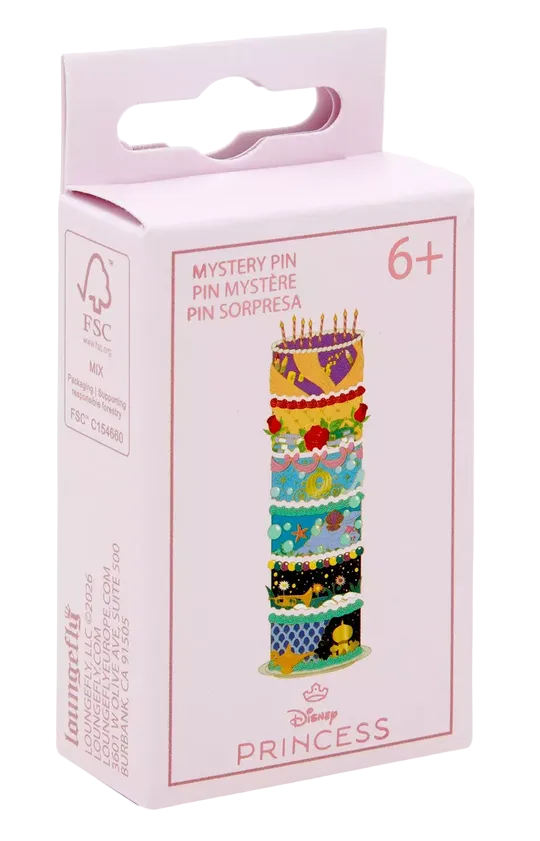 Box of Disney Princess mystery pin with colorful cake design on a white background