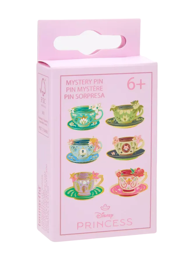 Box of Disney Princess teacup pins with colorful designs on a white background
