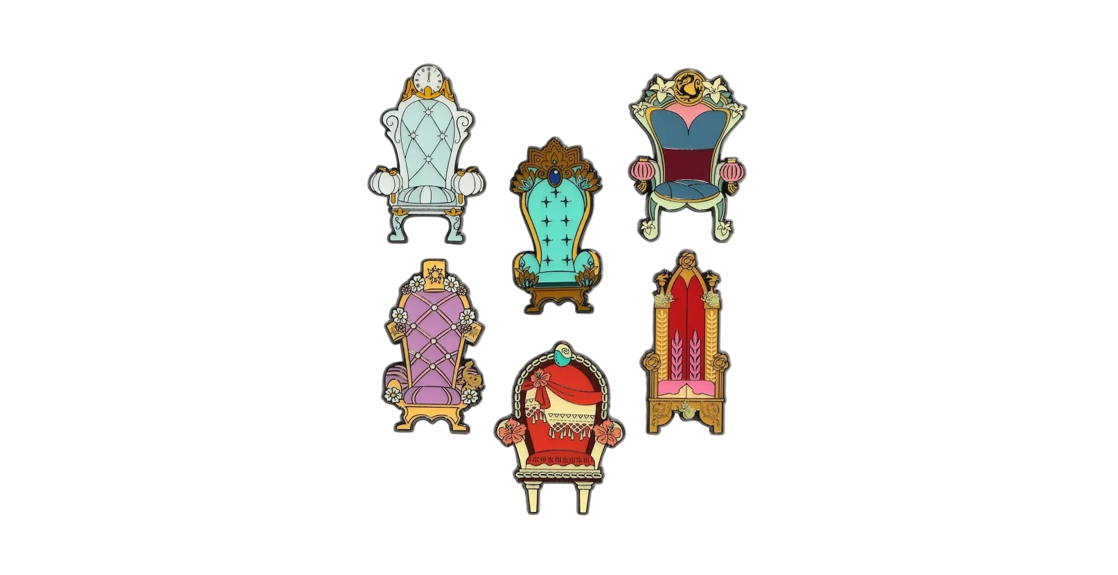 Set of decorative chairs with colorful designs on a white background