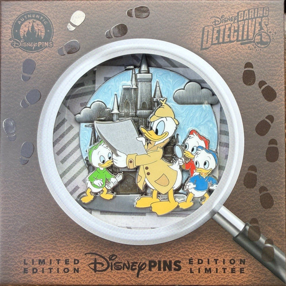 Disney pin featuring three cartoon characters with a castle in the background.