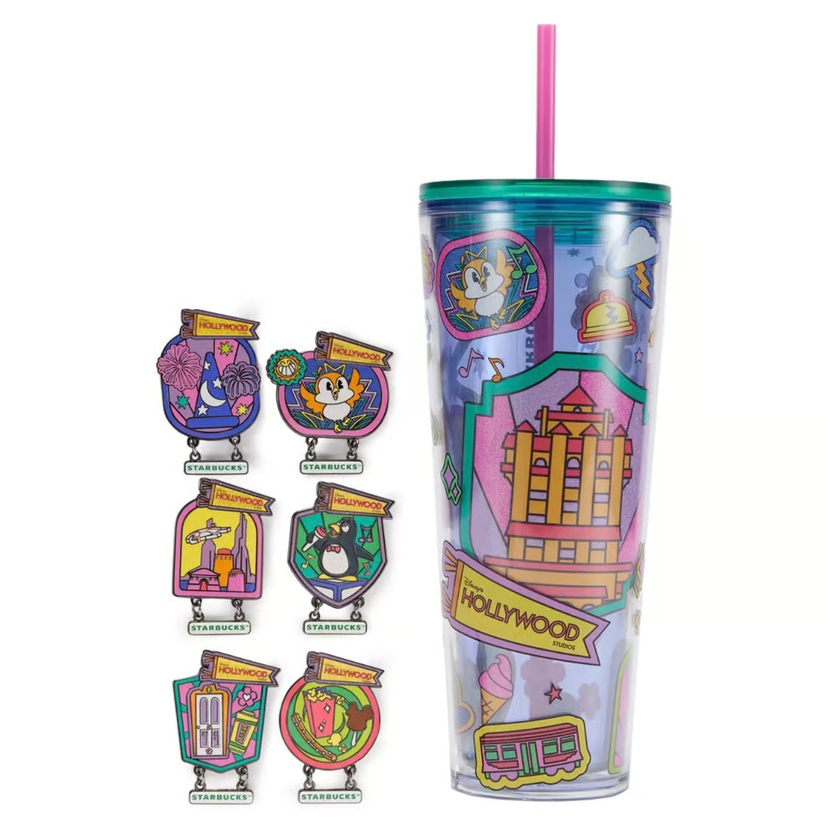 Colorful tumbler with character designs and 'Starbucks' branding on a white background