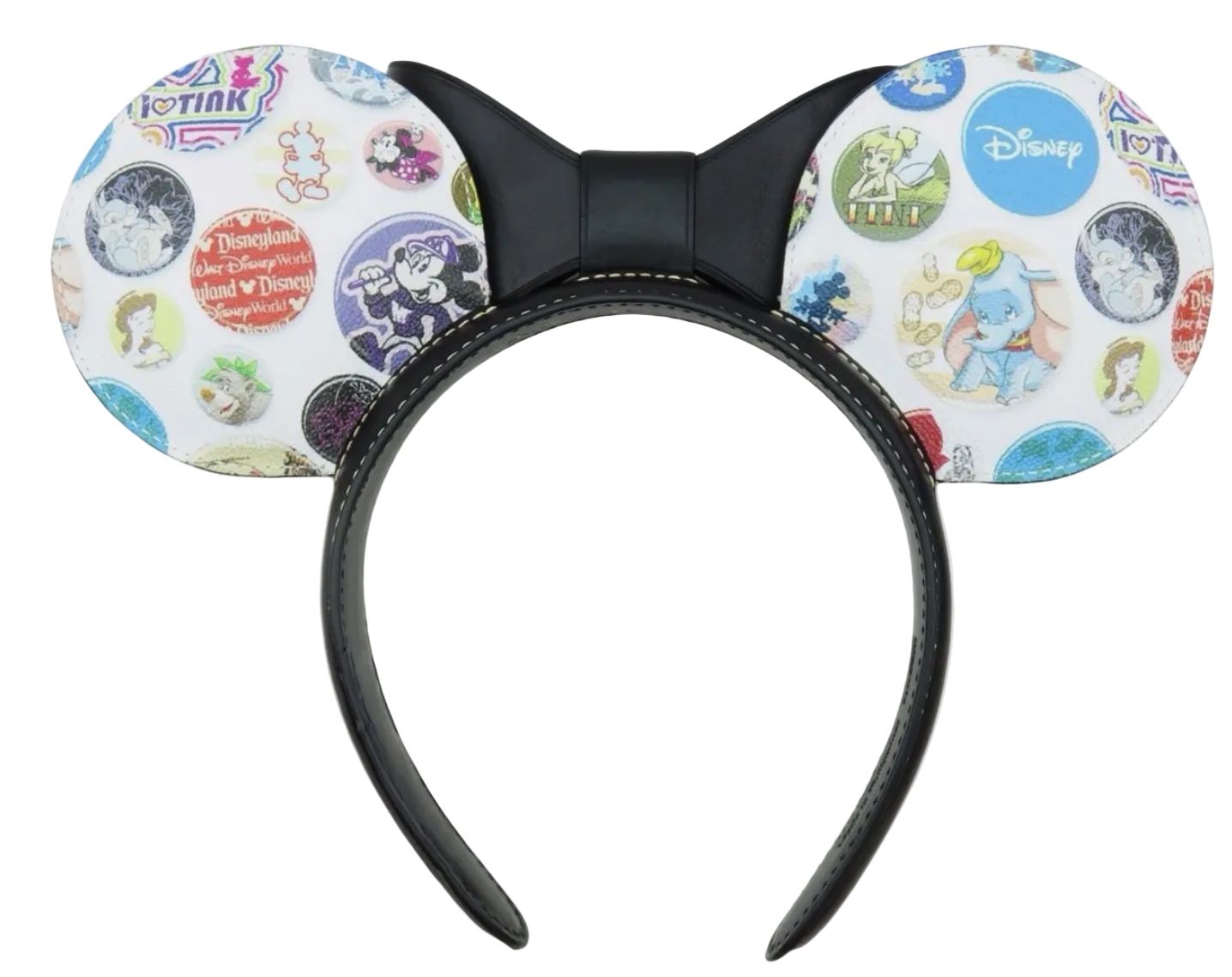 Disney-themed mouse ears headband featuring a black faux-leather bow and headband with white circular ears printed with various colorful Disney character graphics and logos, including Dumbo, Tinker Bell, and the Disney logo.