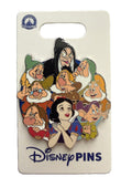 A Disney Pin's collectible enamel pin featuring Snow White and the Seven Dwarves, mounted on a white display card with the Disney Pins logo.