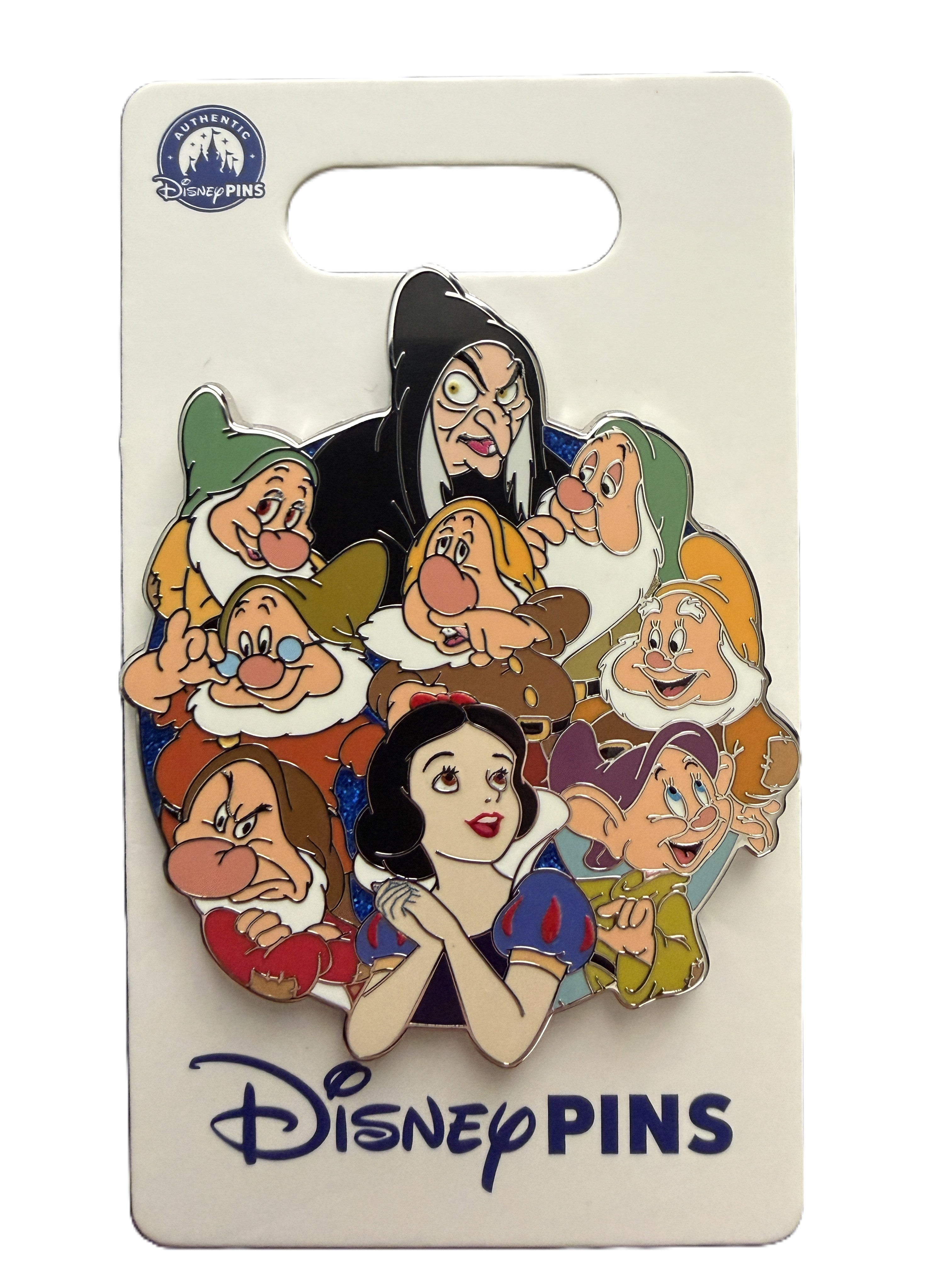 A Disney Pin's collectible enamel pin featuring Snow White and the Seven Dwarves, mounted on a white display card with the Disney Pins logo.