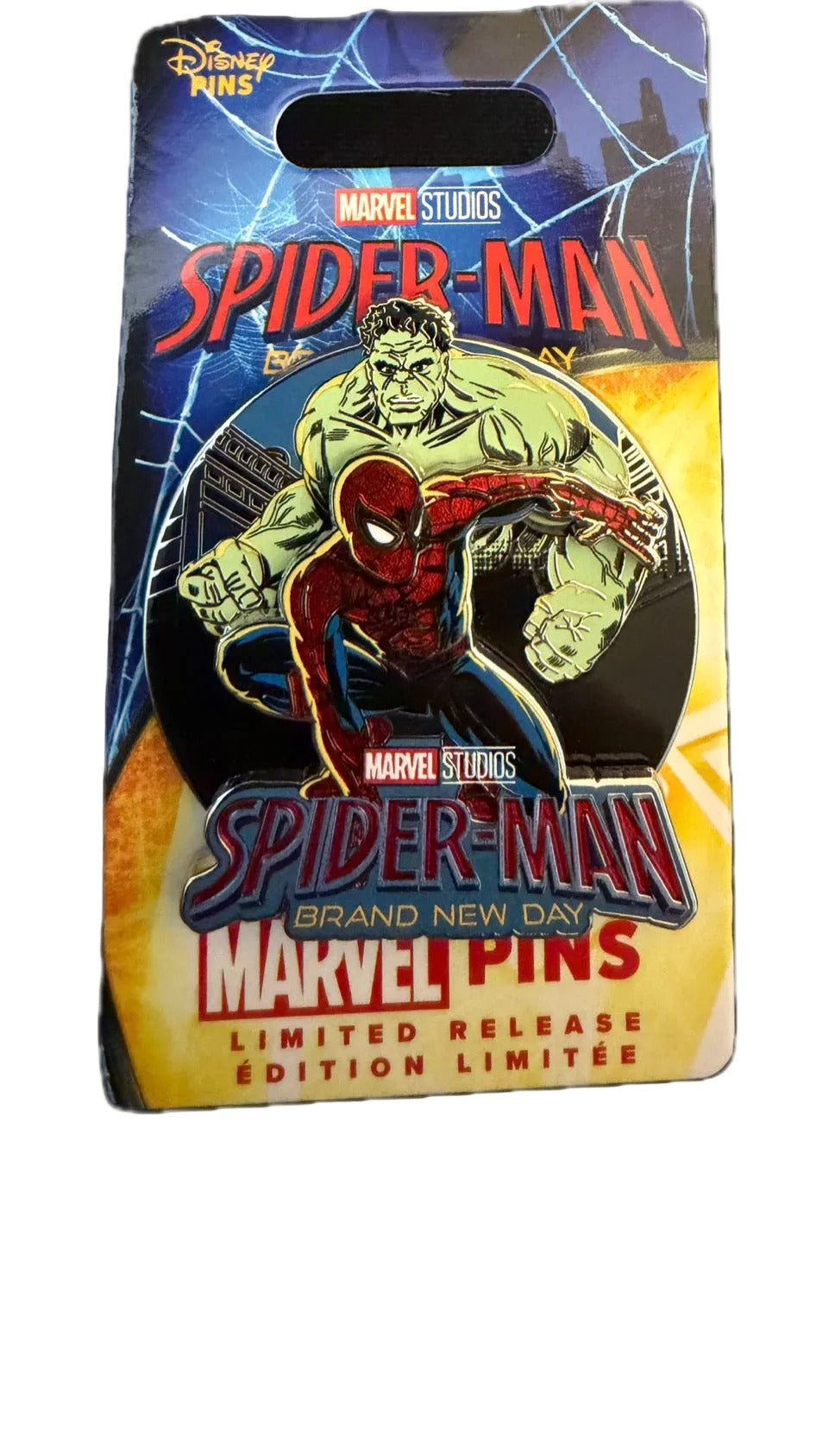 Marvel Spider-Man pin packaging with superhero design on a white background