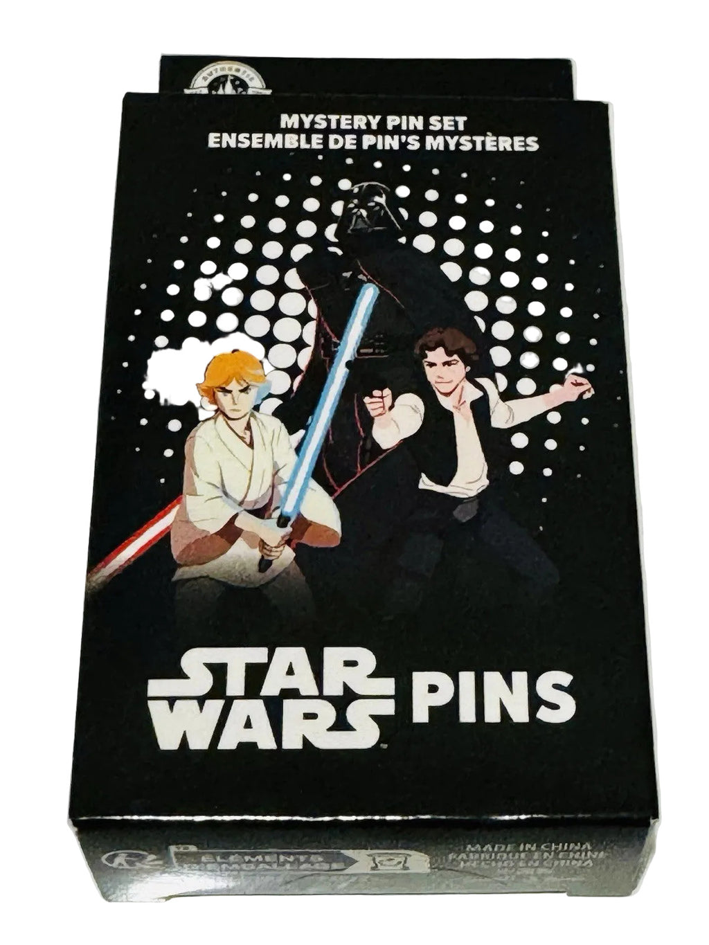 Star Wars pins mystery set packaging with characters on a black background