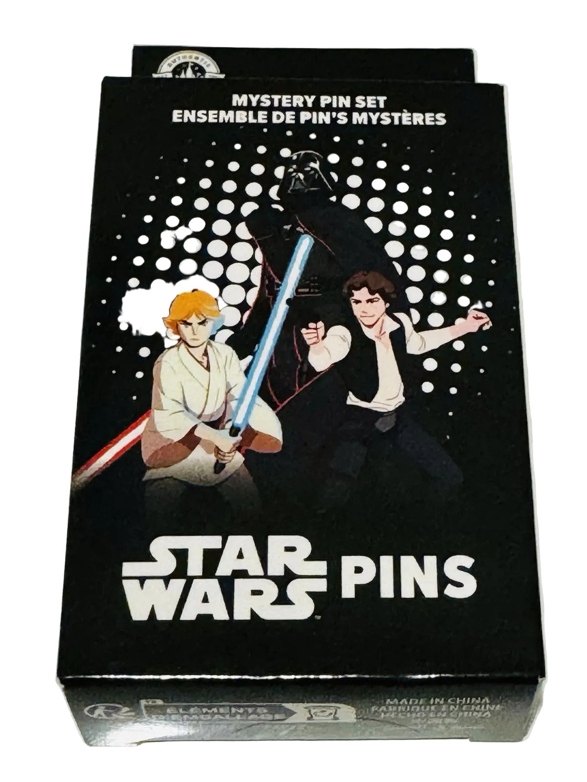 Star Wars pins mystery set packaging with characters on a black background