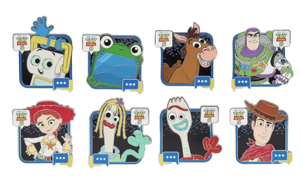 Set of Toy Story-themed pins featuring various characters on a white background.