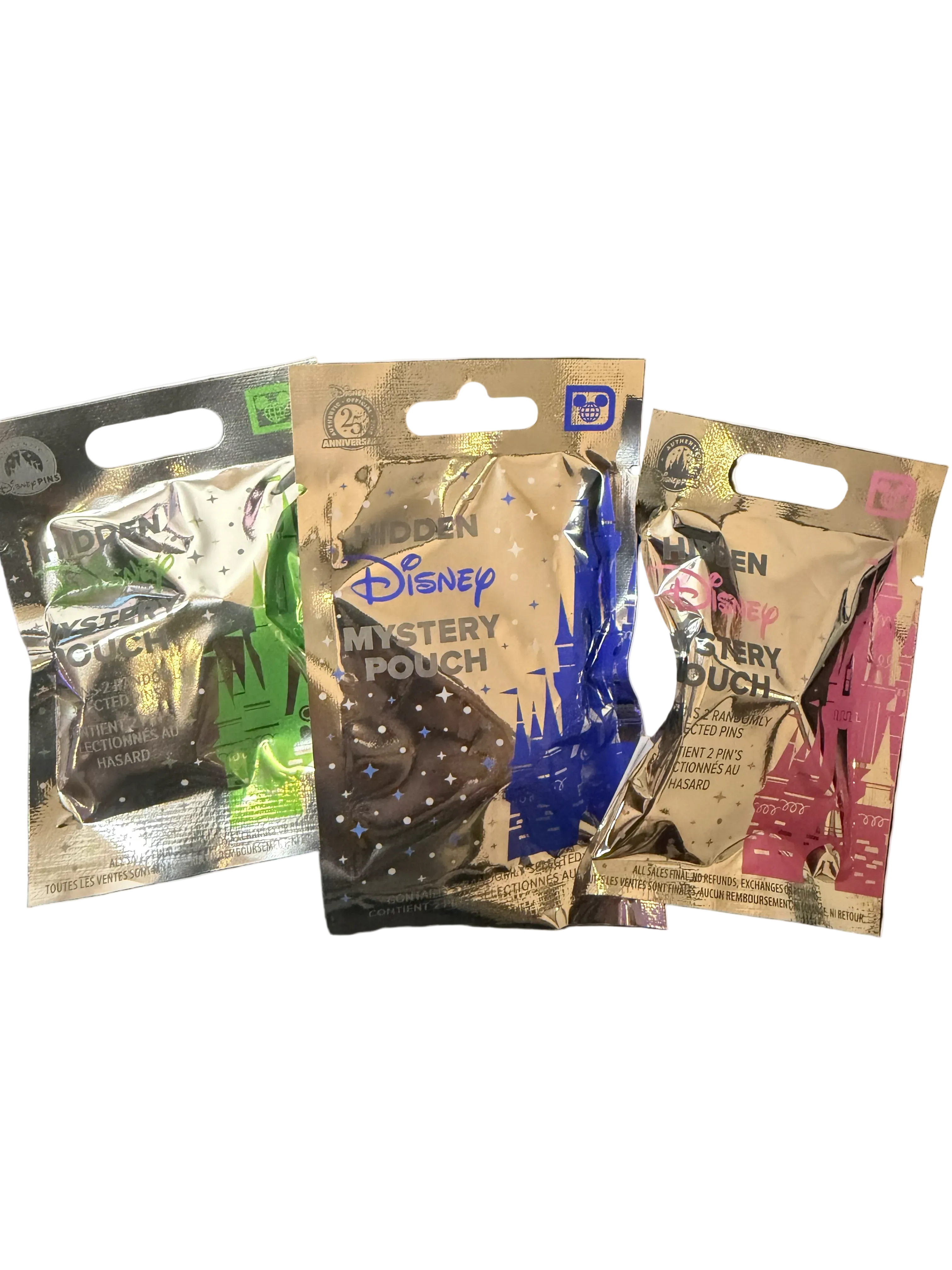 Three Disney mystery pouches on a white background